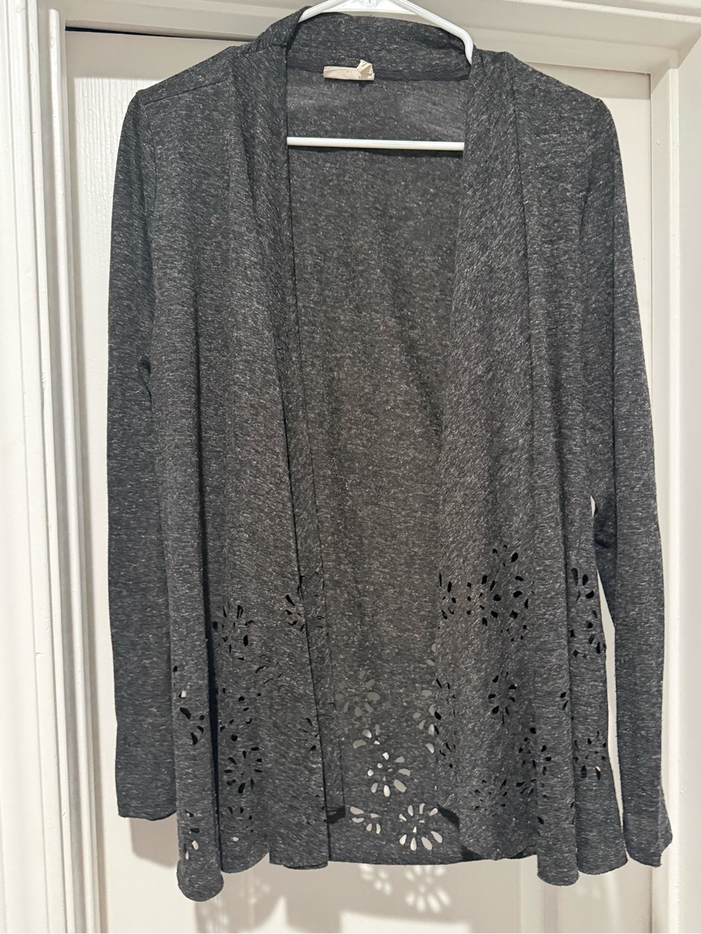 Meadow Rue Charcoal Open-Front Cardigan with Laser-Cut Floral Hem